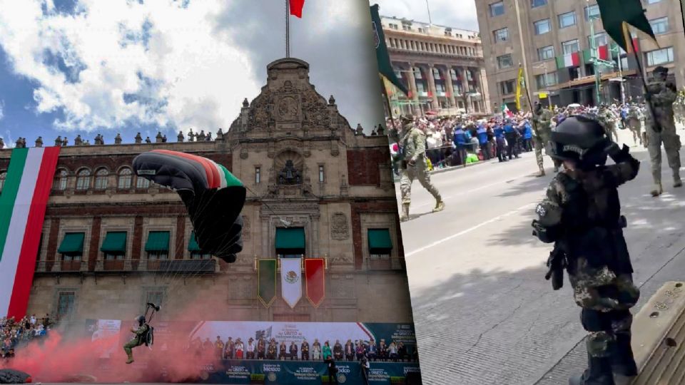 Soldado regala insignia a niño durante desfile militar del 16 de septiembre.