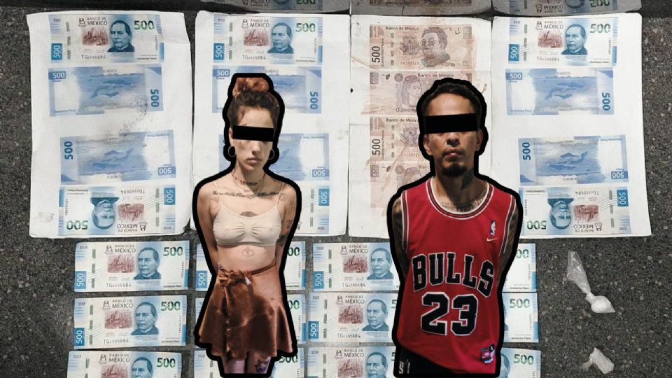 Los billetes falsos y dosis de droga fueron asegurados por policías de Guadalupe durante la detención de una pareja en la colonia Esmeralda.