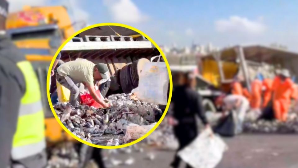 Saquean tráiler cargado con cerveza tras volcadura en la México-Pirámides.