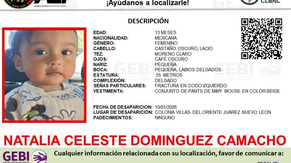 Ficha oficial de Alerta Amber emitida en Nuevo León para localizar a Natalia Celeste Domínguez Camacho, bebé desaparecida en Juárez.