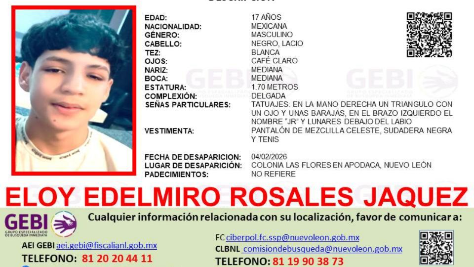 Eloy Edelmiro Rosales Jáquez, de 17 años, es buscado por autoridades tras desaparecer en Apodaca.