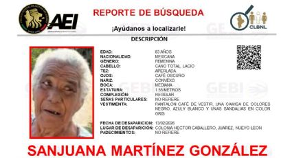 Activan ficha de búsqueda por desaparición de adulta mayor en Juárez, Nuevo León