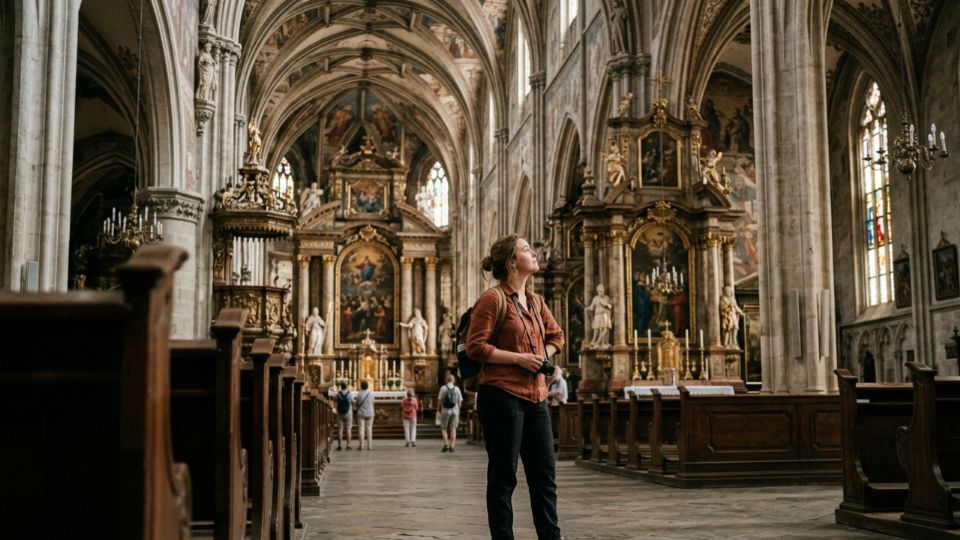 Fieles realizan la visita tradicional de los siete templos en la Catedral Metropolitana de Monterrey durante las celebraciones de Jueves Santo.