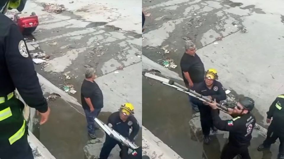 Rescatistas realizaron maniobras para retirar el automóvil que cayó al arroyo en la zona industrial de Santa Catarina.