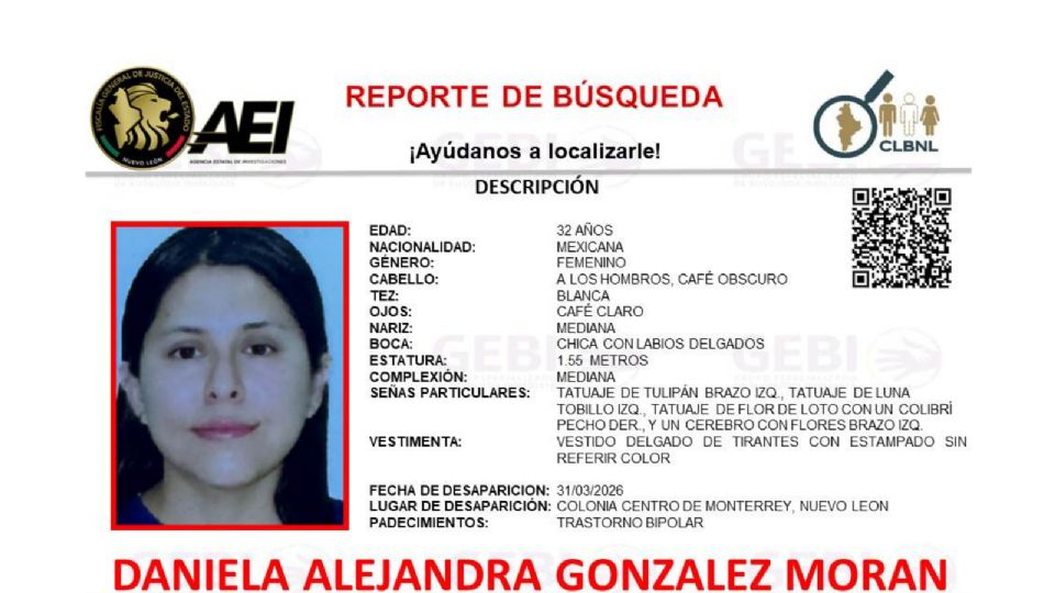 Ficha de búsqueda oficial emitida por el Grupo Especializado de Búsqueda Inmediata, donde se solicita la colaboración ciudadana para localizar a Daniela Alejandra González Morán.