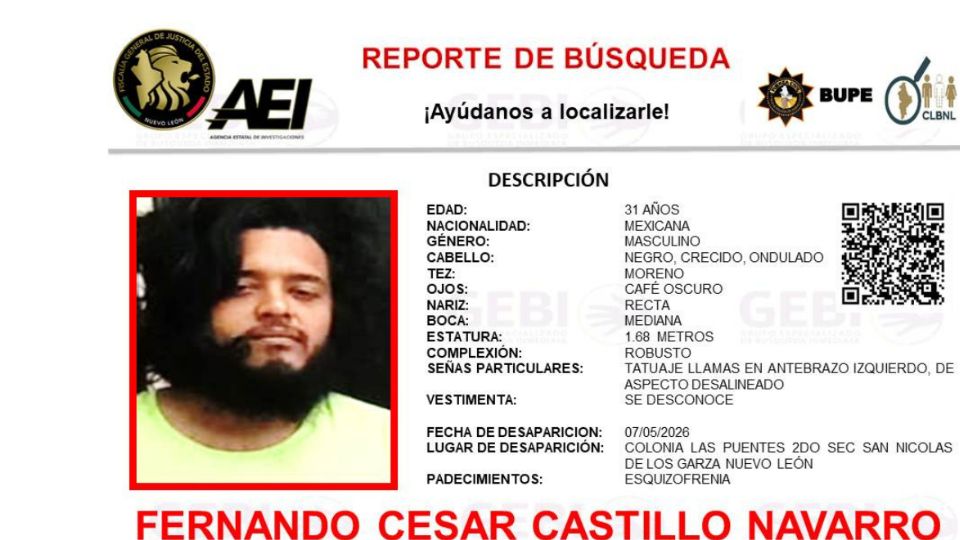 Ficha de búsqueda de Fernando César Castillo Navarro, de 31 años, desaparecido desde el 7 de mayo en la colonia Las Puentes 2do. sector del municipio de San Nicolás.