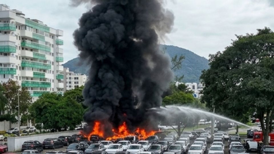 La gravedad de la colisión aumentó cuando uno de los helicópteros se estrelló directamente contra el estacionamiento privado de un concesionario de vehículos.