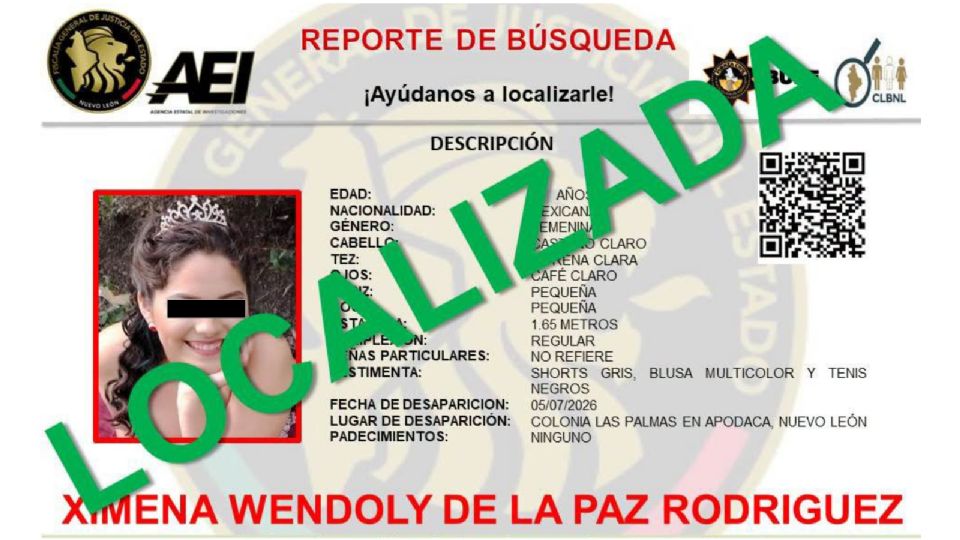 La Fiscalía Especializada en Personas Desaparecidas informó que la adolescente fue localizada en Apodaca en aparente buen estado de salud.