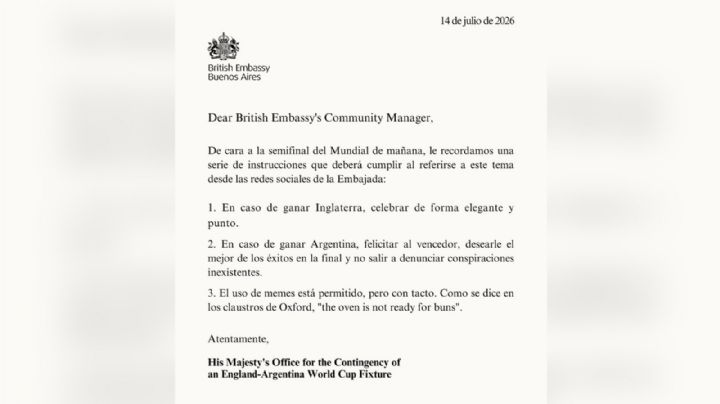 Embajada británica bromea por Inglaterra vs Argentina