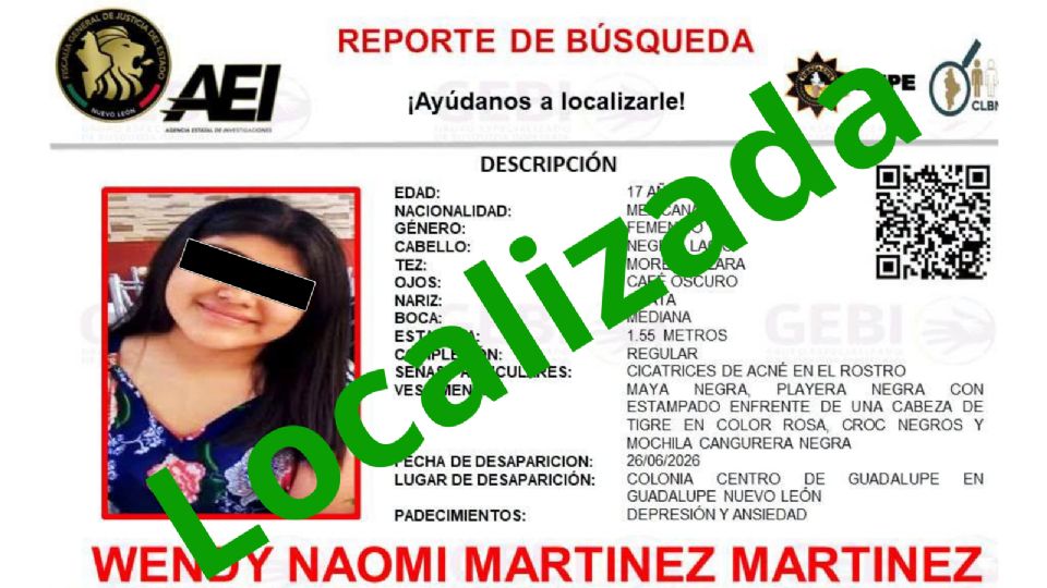 Wendy Naomi, de 17 años, fue localizada con vida tras permanecer seis días desaparecida; las autoridades continúan investigando las circunstancias de su ausencia.
