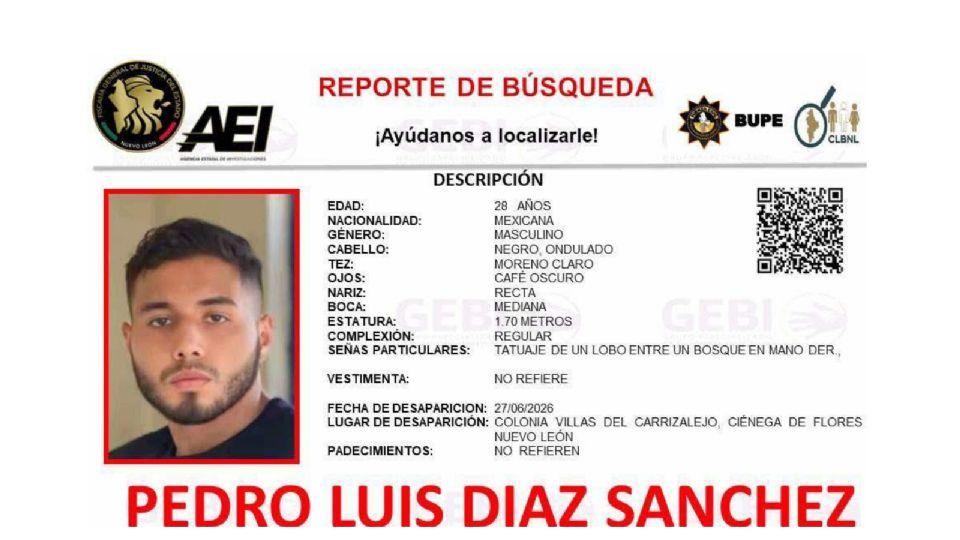 Pedro Luis Díaz Sánchez, de 28 años, permanece desaparecido desde el 27 de junio; familiares y autoridades mantienen activa su búsqueda en Nuevo León.